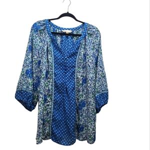 Krazy Kat Boho Peasant Popover Blouse Blue Patchwork Floral Paisley Plus 2X